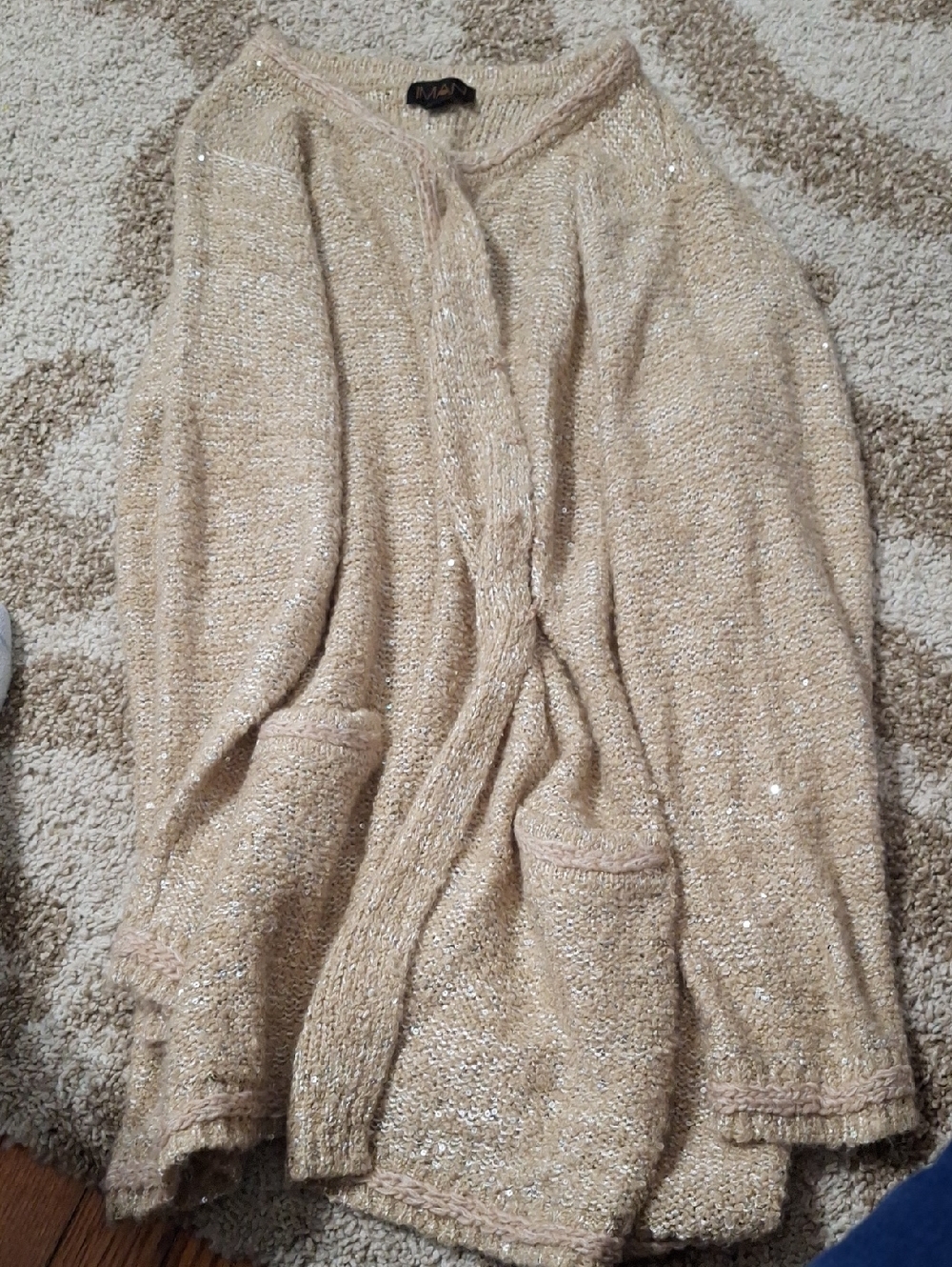 IMAN Cream Metallic Knit Open-Front Cardigan